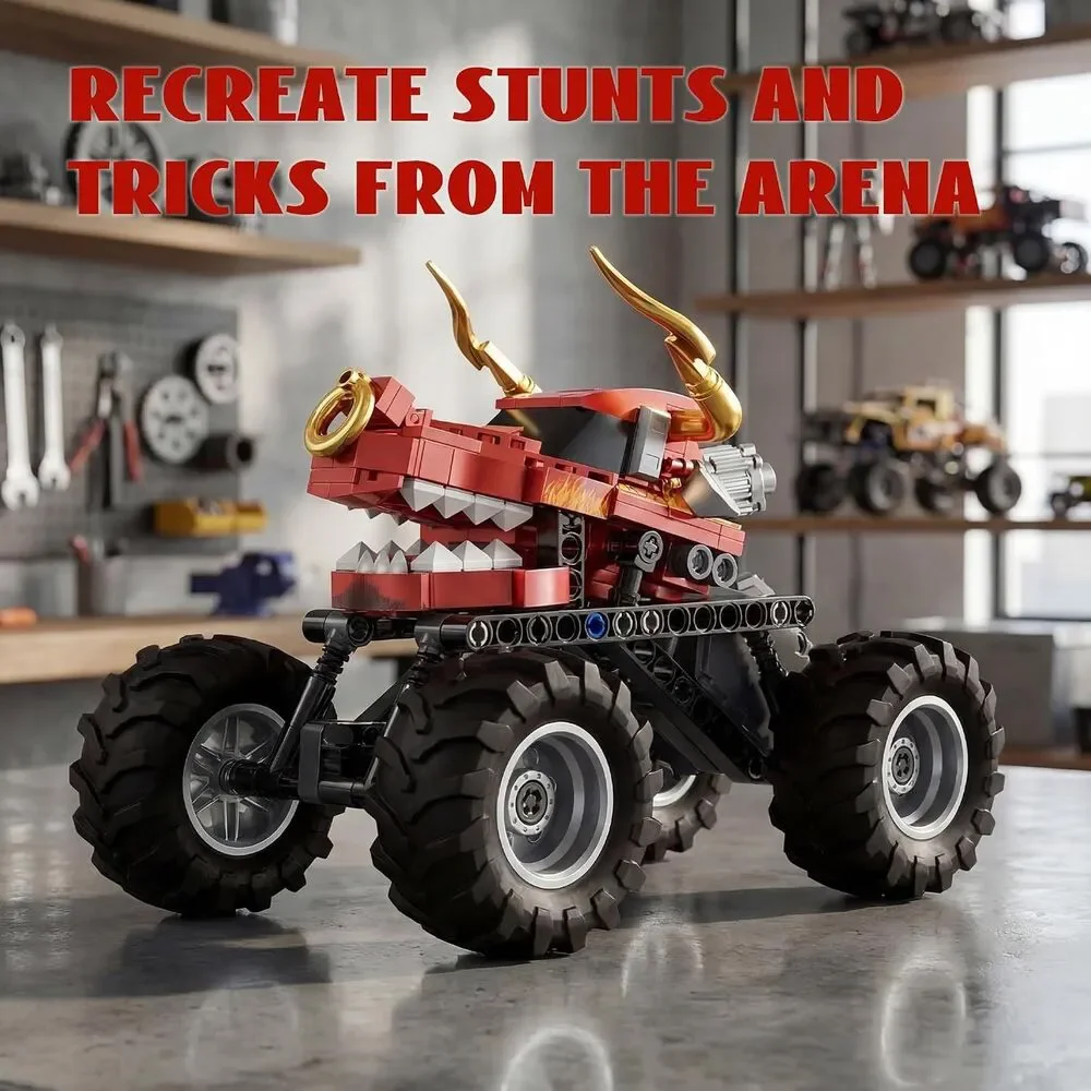 Red Dragon Monster Truck 2-in-1 Building Block Set Pull-Back STEM Toy Ages 8+